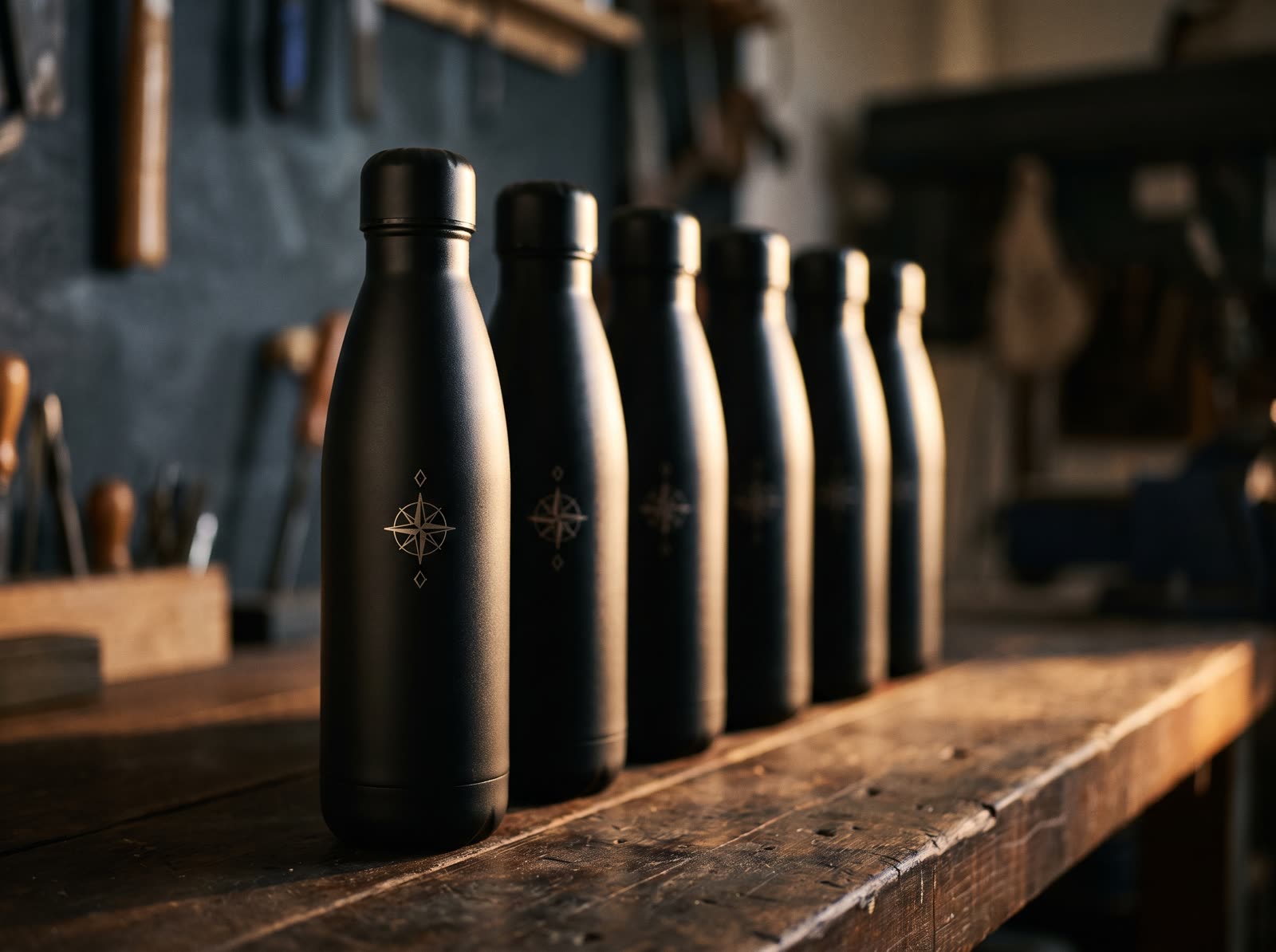 A production run of identical matte-black insulated steel bottles lined up on a workshop bench, each laser-engraved with the same compass-rose logo at the same height, the nearest in sharp focus