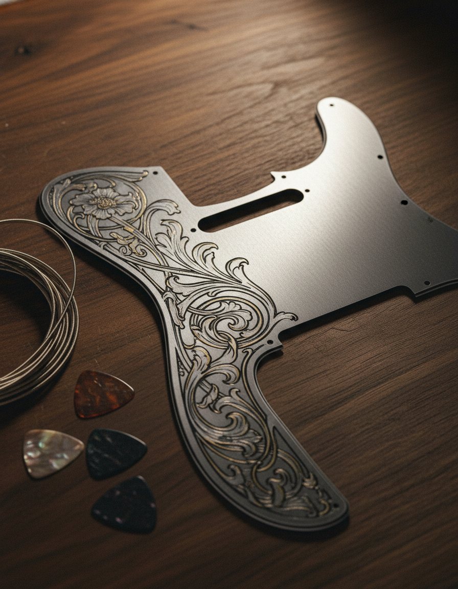 Brushed-aluminum Telecaster-style guitar pickguard fully laser-engraved with an ornate Art Nouveau floral scroll design, on dark walnut beside guitar strings and picks