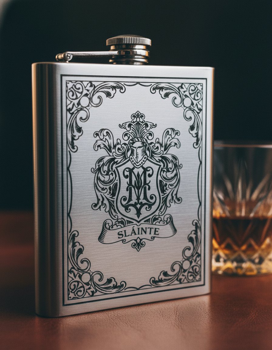 Brushed stainless steel hip flask laser-engraved with a heraldic monogram crest, ornate scrollwork, and a SLÁINTE banner, on cordovan leather beside a whiskey glass