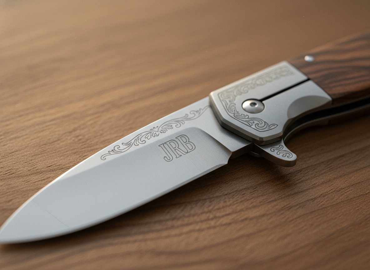 An open premium pocket knife with a satin drop-point blade and figured-walnut handle, the bolster laser-engraved with a JRB monogram and scrollwork, on warm walnut