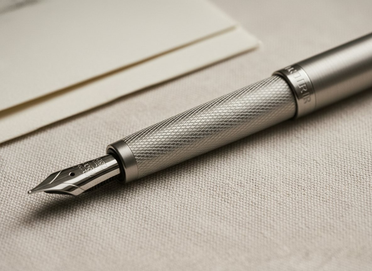 A premium fountain pen with a brushed-steel barrel laser-engraved in a fine guilloché cross-hatch pattern, resting on cream linen beside writing paper