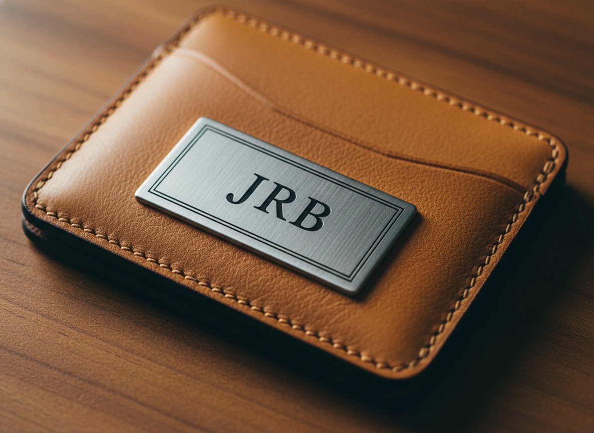 A tan leather card case with a brushed-stainless monogram plate inset into the front, laser-engraved with the initials JRB and a hairline border, on warm walnut