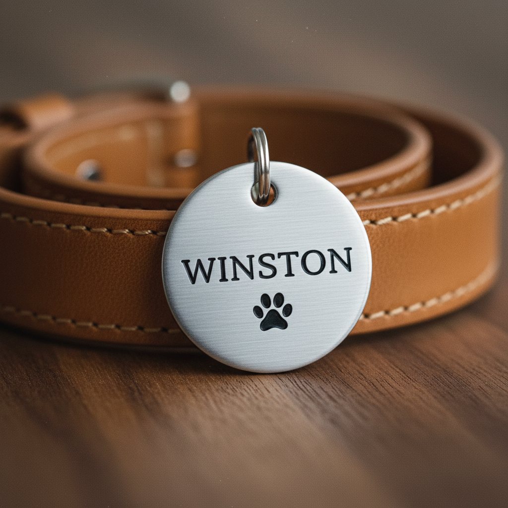 A brushed stainless steel circular pet ID tag laser-engraved with the name WINSTON and a paw-print motif, resting on a coiled tan leather dog collar