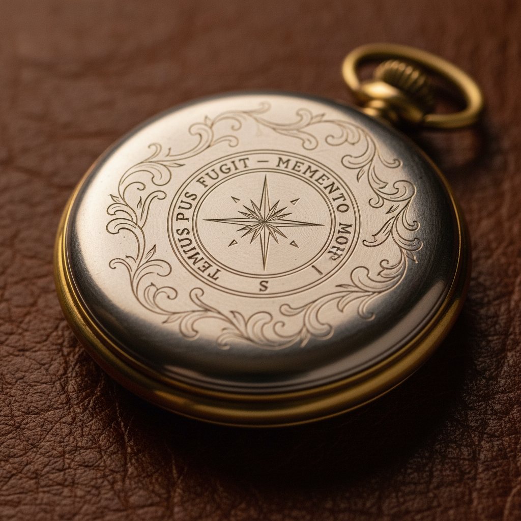 An antique pocket watch face-down on cordovan leather, its polished caseback laser-engraved with a compass rose, an inscription ring, and fine scrollwork