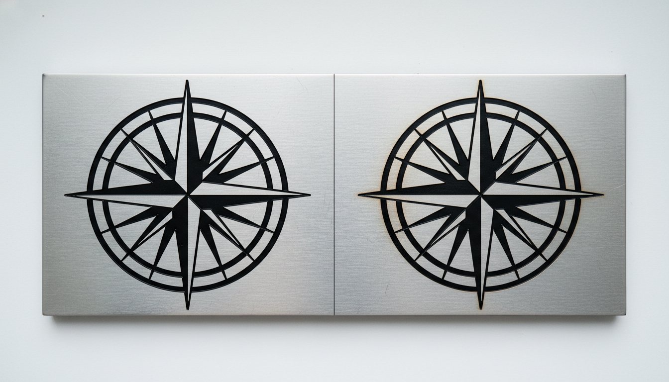 Side-by-side comparison on brushed stainless steel — left: deep laser engraving, a compass rose cut into the metal with visible recess depth; right: laser annealing, the same compass rose written on the surface as a flat black oxide mark with subtle warm bronze and peacock-blue halos showing MOPA pulse-width control