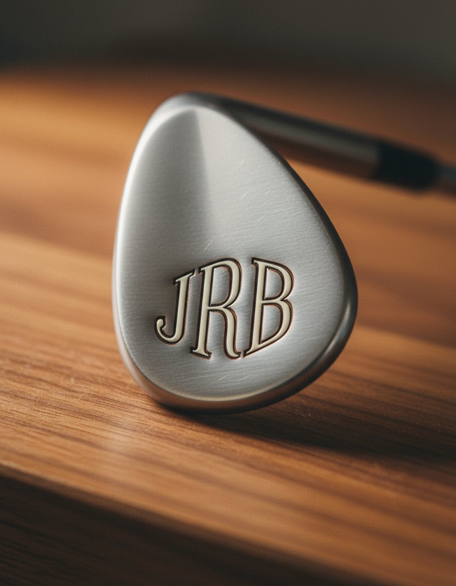 Macro of a premium sand wedge with a JRB three-letter monogram laser-engraved on the back muscle, paint-filled bone-white, photographed on warm walnut