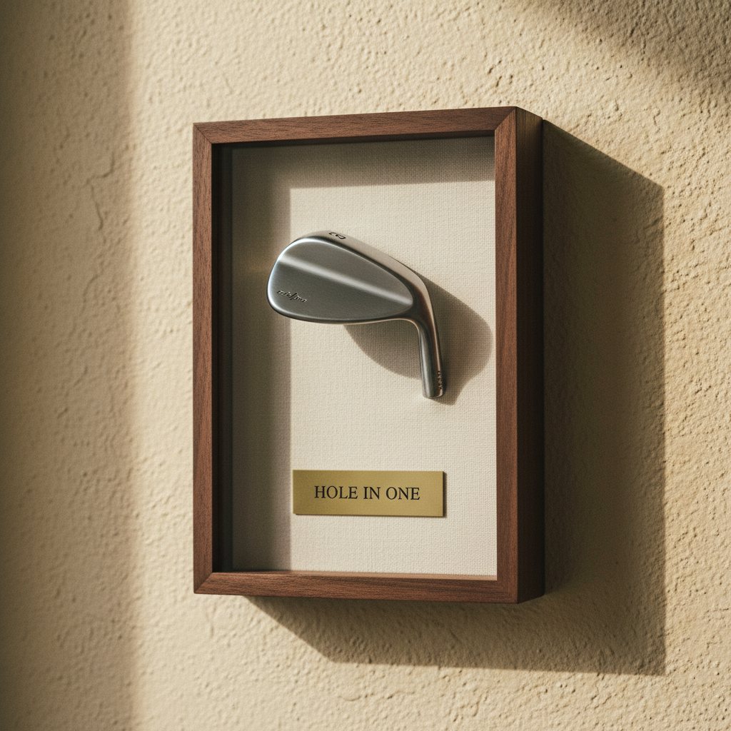 A premium sand wedge mounted in a walnut shadowbox with cream linen backing and a brushed brass plate engraved 'HOLE IN ONE', displayed as a commemorative trophy