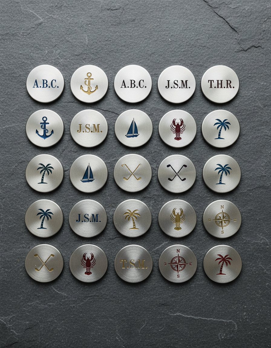 A set of 24 custom-engraved ball markers, varied finishes and monograms, arranged in a grid on slate