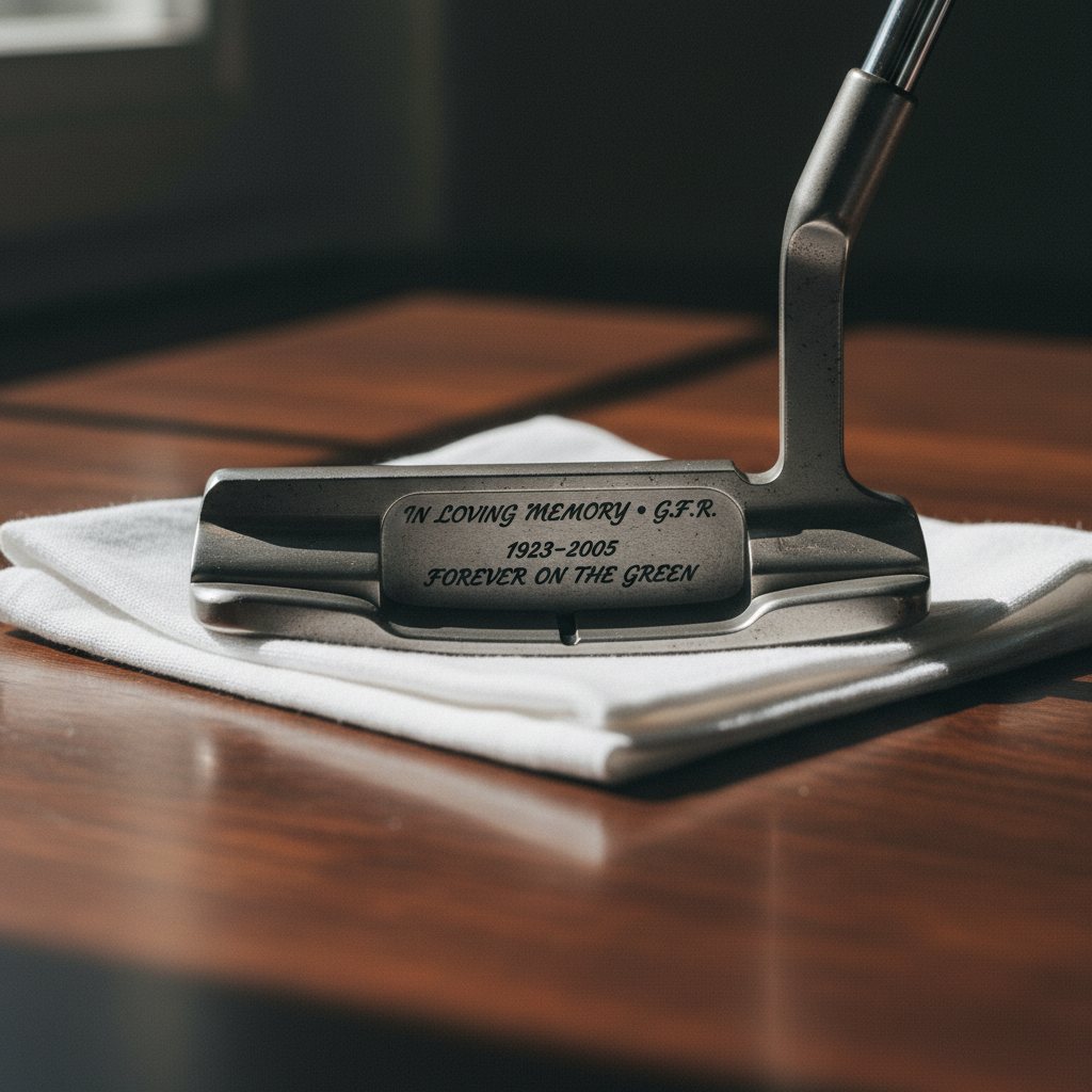 A vintage milled-blade putter resting on a white cotton handkerchief on dark walnut, custom-engraved with a memorial inscription in italic script in soft melancholic light
