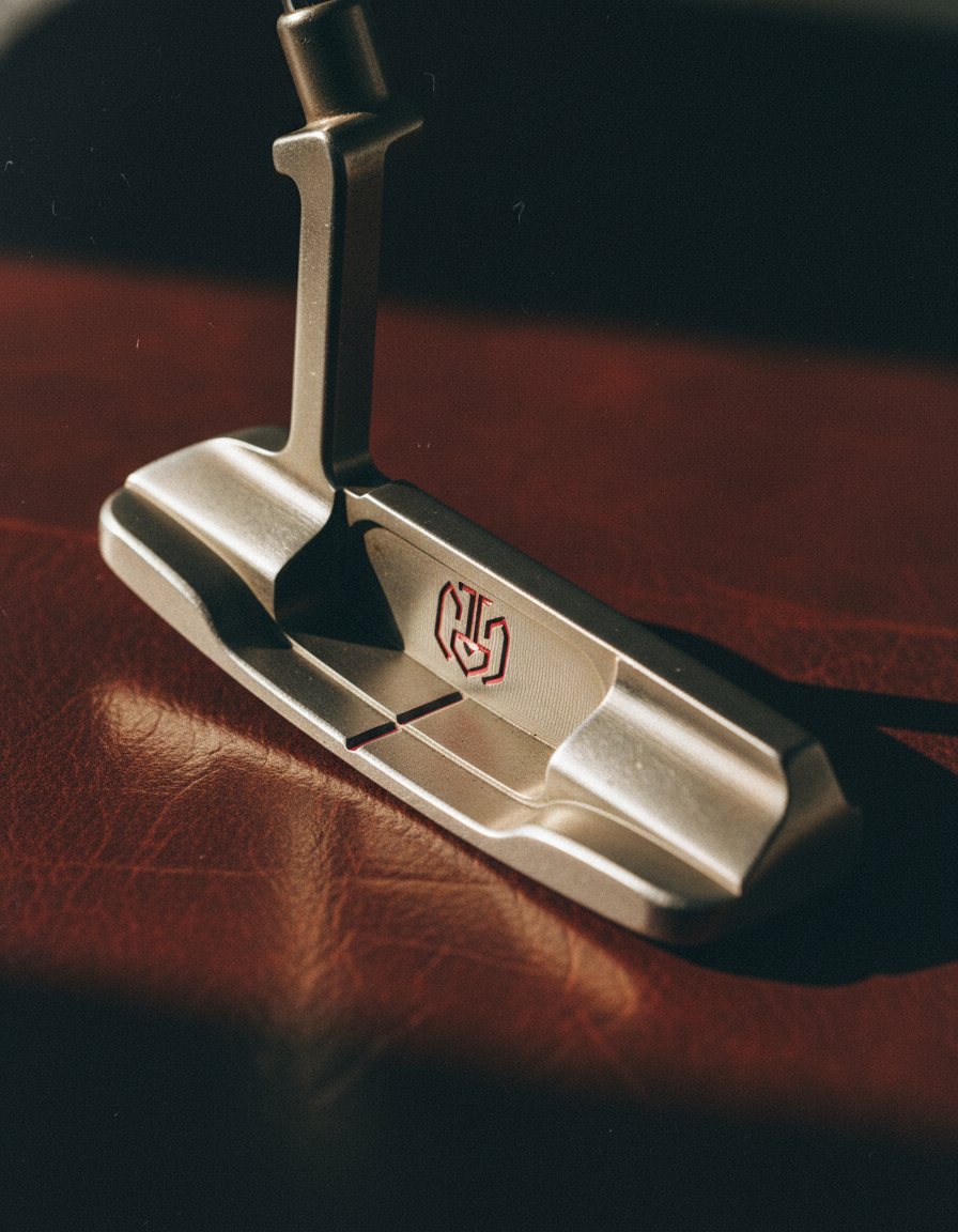 A restored vintage Anser-style blade putter with a custom geometric monogram engraving paint-filled in deep crimson, photographed against cordovan leather