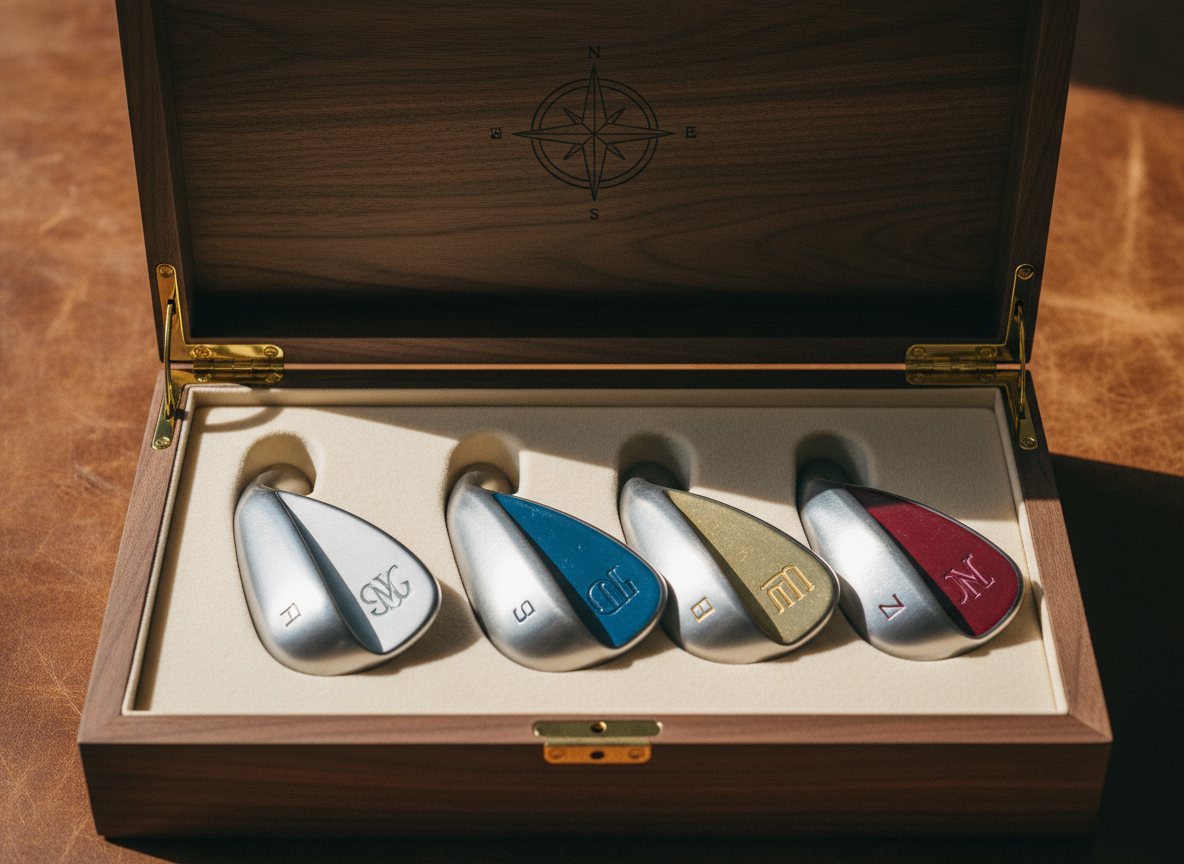 Top-down view of a premium dark walnut presentation box with brass corners, opened to reveal four custom laser-engraved sand wedges in cream foam inserts — each with a different paint-fill colour, with a compass rose engraved on the inside lid