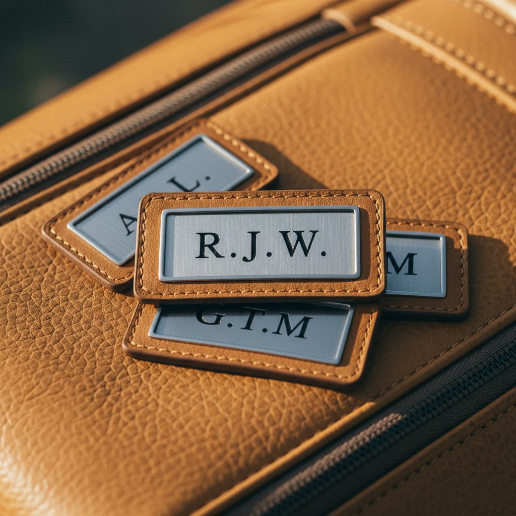 A stack of premium tan leather golf bag tags with engraved brushed stainless steel inserts, each carrying a different custom monogram, scattered across a tan leather golf bag surface