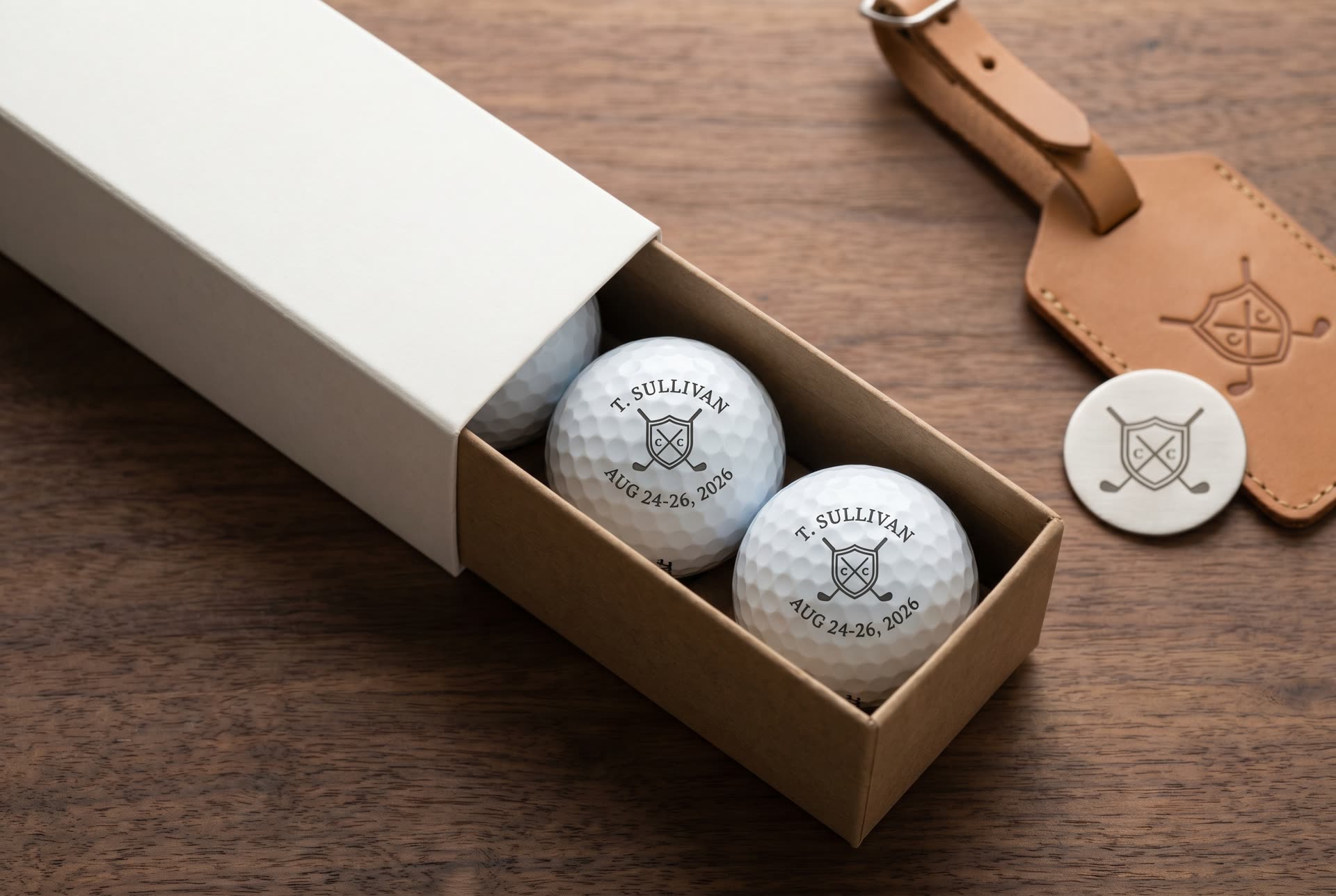 Member-guest tournament ball sleeve with two custom UV-laser-marked golf balls visible inside — each carrying player name T. SULLIVAN, club crest, and tournament dates AUG 24-26 2026 — alongside a brushed-stainless ball marker and tan leather bag tag
