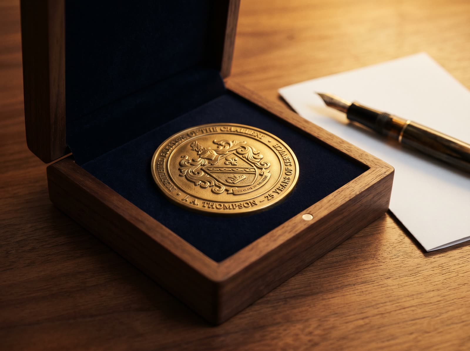 A premium custom-engraved brass challenge coin in a velvet-lined dark walnut display box, warm tungsten light catching the brass