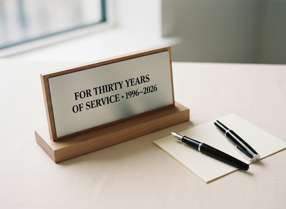 Brushed-stainless executive recognition plaque on a polished walnut base, photographed on a cordovan leather desk pad