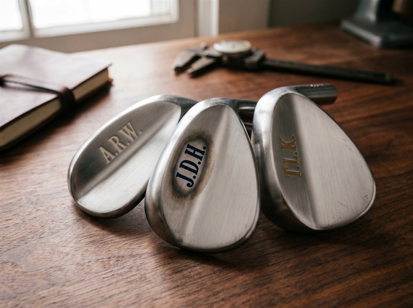 Three custom-engraved sand wedges fanned on a polished walnut workbench, each with a different monogram and paint-fill colour