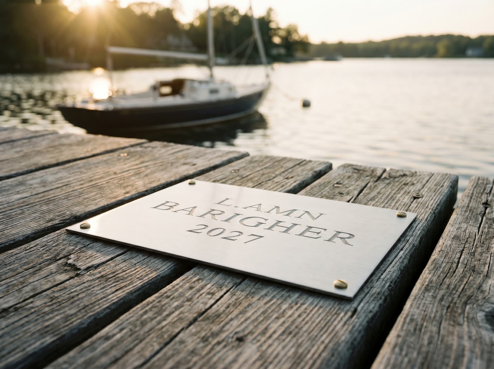 A brushed stainless family dock plaque engraved with name and est. date, mounted with brass screws on weathered cedar dock planks, soft golden-hour light with a sailboat in soft background