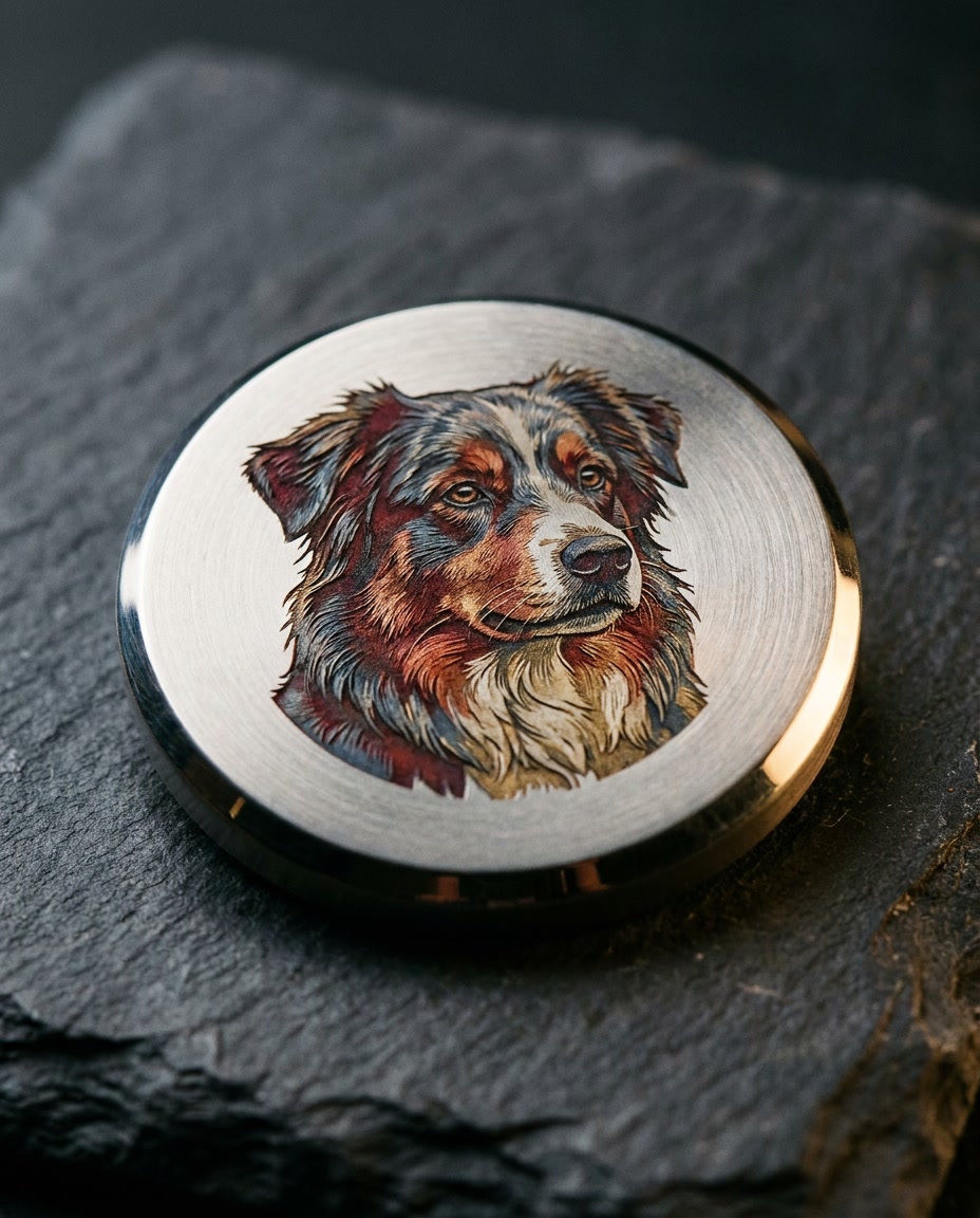 Stainless steel golf ball marker laser-marked with a full-color Australian Shepherd portrait via MOPA pulse-width control — crimson, copper, slate-blue and brass-gold oxide colors in the metal