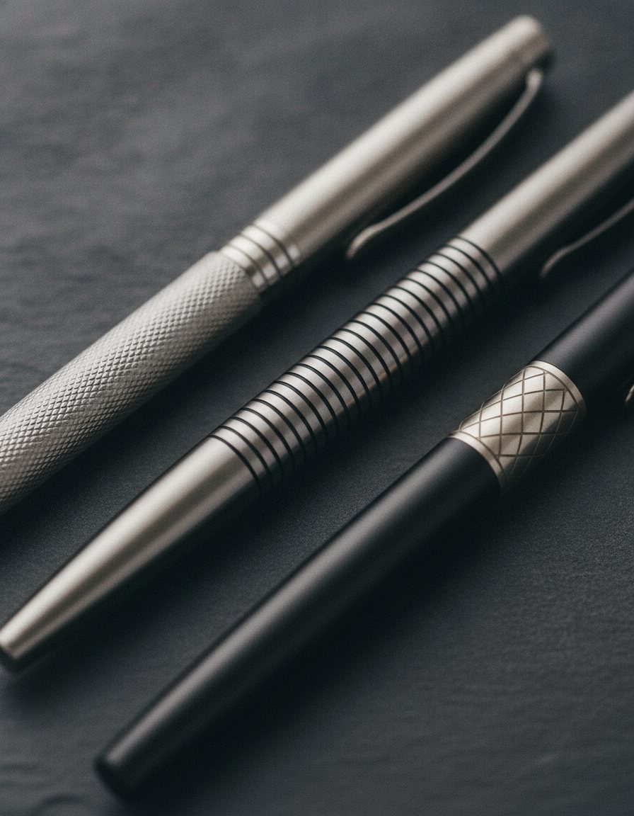 Three premium metal pens on dark slate, each with a different laser-engraved barrel treatment — fine guilloché cross-hatch, black annealed pinstripes, and a bare-metal diamond band on matte black