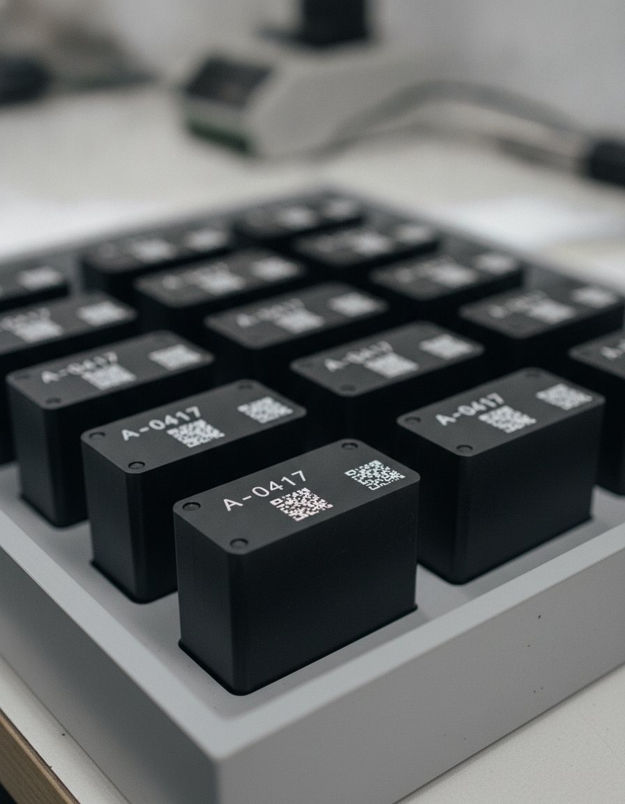 Rows of matte-black injection-molded plastic parts in an ESD tray, each UV-laser-marked with a crisp frost-white serial number and data-matrix code for industrial traceability