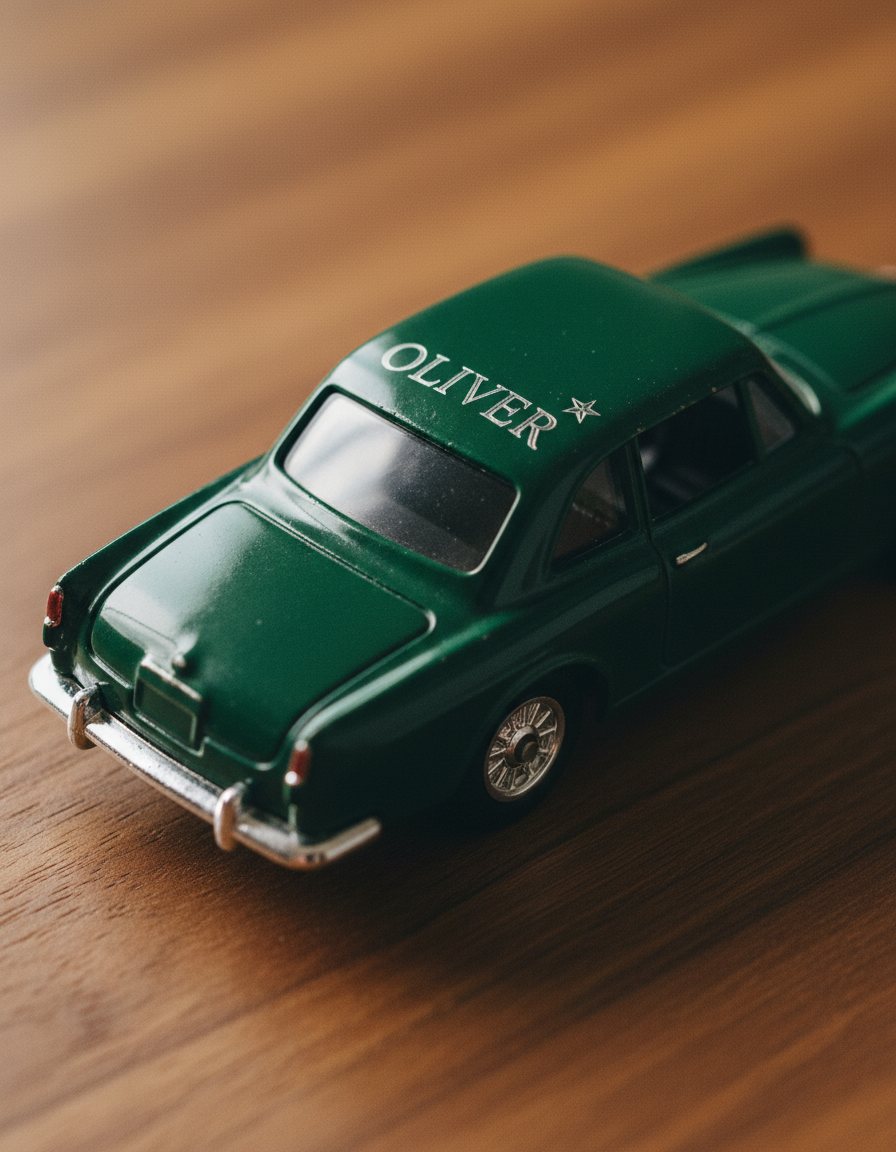 A classic die-cast toy car in racing green with a child's name OLIVER and a small star laser-engraved into the roof, on a warm walnut surface