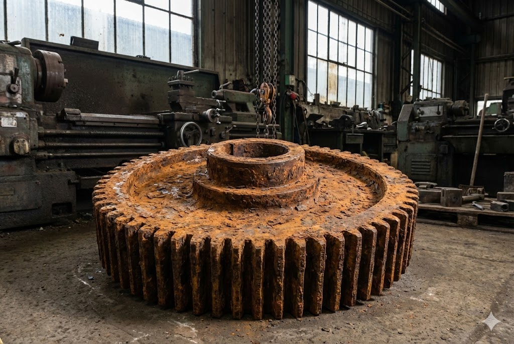 Industrial gear with rust and oxide before laser cleaning