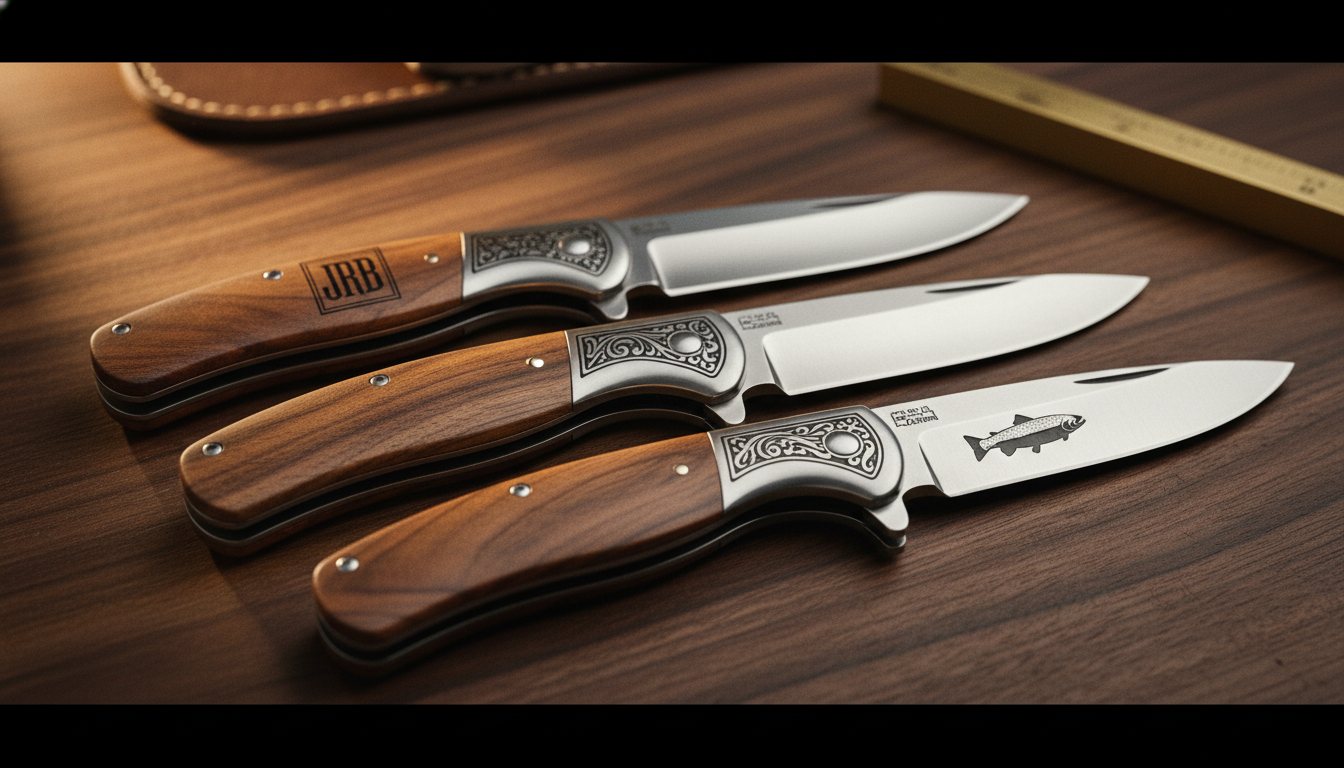 Three premium custom-engraved gentleman's pocket knives arranged on dark walnut, each with a different engraving — a JRB monogram, a Victorian scrollwork bolster, and a small leaping-trout motif
