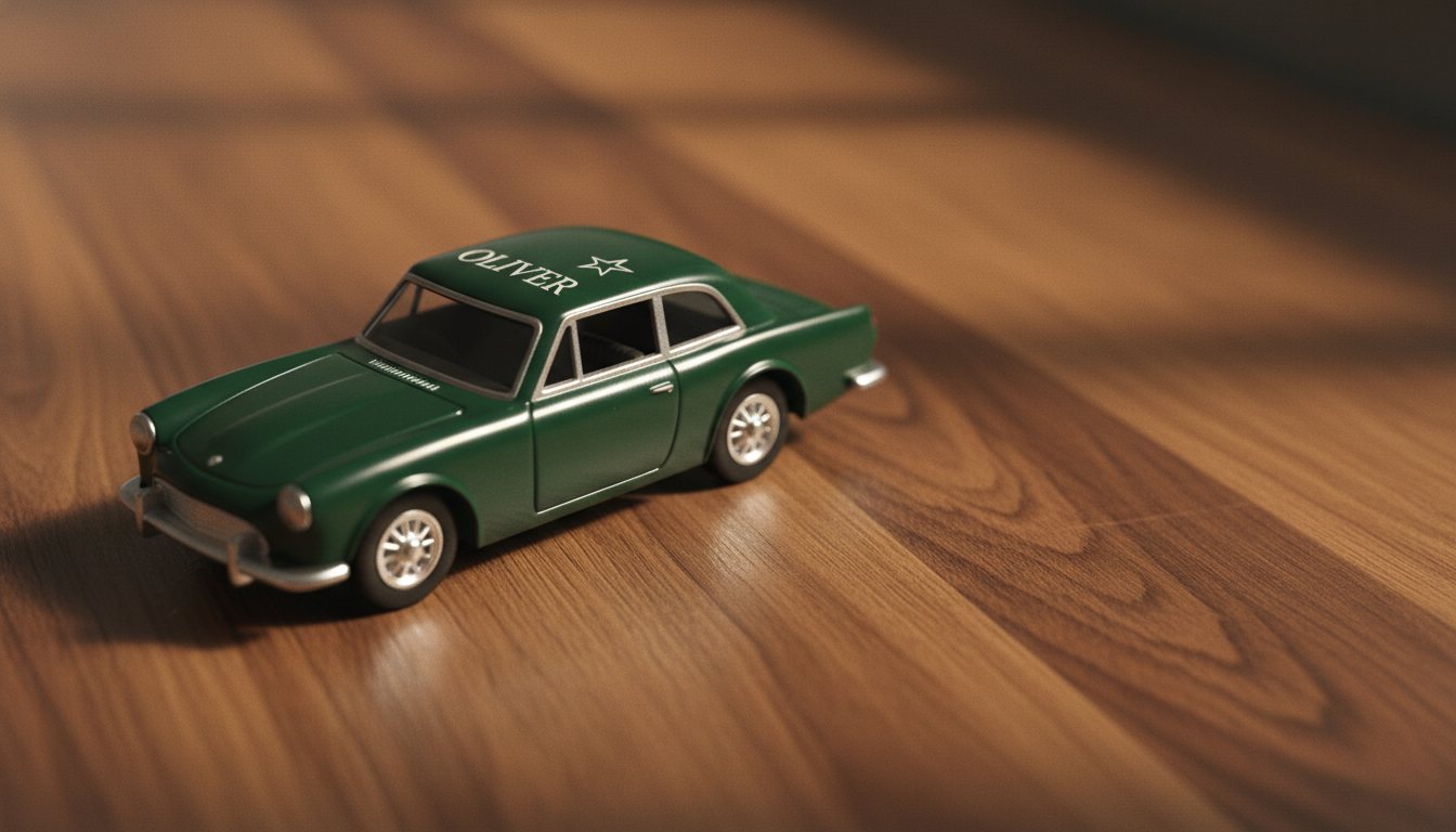 A classic die-cast metal toy car in deep racing green with a child's name OLIVER and a small star laser-engraved into the roof, on a warm walnut surface