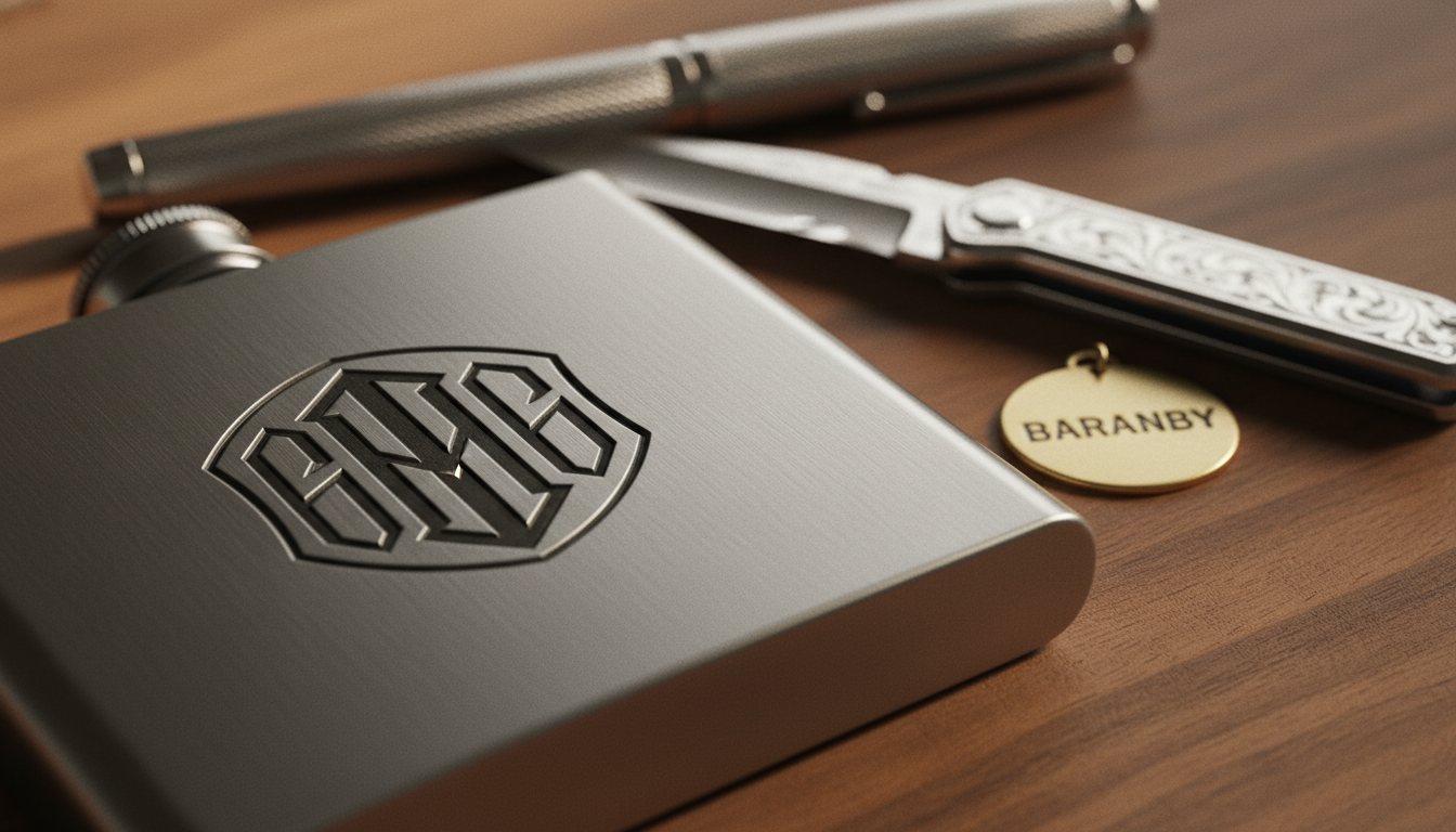 Editorial banner of laser-engraved objects across multiple materials — a brushed-steel hip flask with a recessed monogram crest, a fountain pen with a guilloché barrel, an open pocket knife with an engraved bolster, and a brass pet tag — arranged close together on a polished walnut workbench