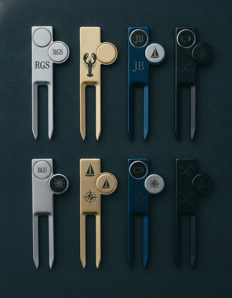 Top-down view of eight custom-engraved golf divot repair tools in mixed finishes — brushed stainless, polished brass, anodized navy, black-oxide steel — each with an engraved monogram or silhouette icon and a seated magnetic ball-marker disc, arranged on dark slate