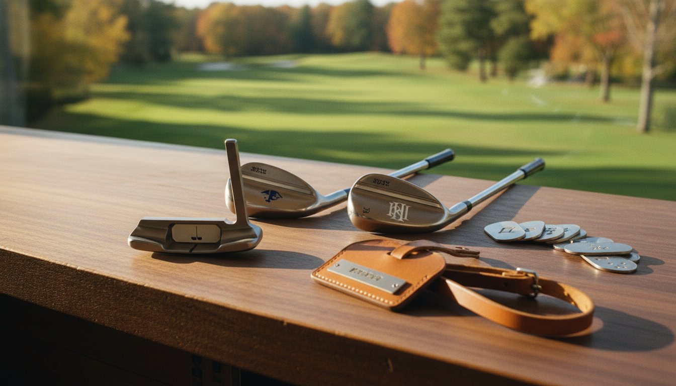 Premium golf irons with clean black laser-annealed marks on the cavity backs — surface marks that remove no metal from the clubheads