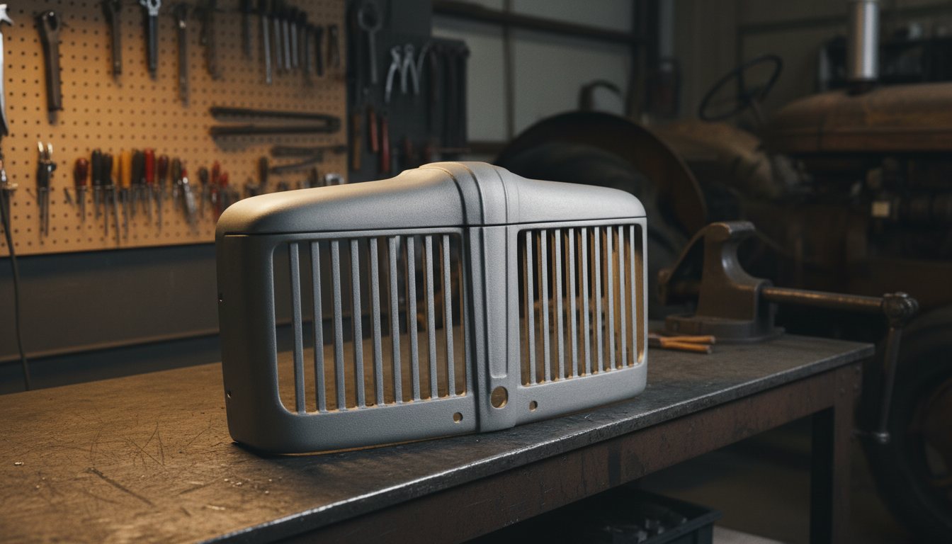 Vintage farm tractor grille after laser cleaning, paint and rust removed to bare cast metal
