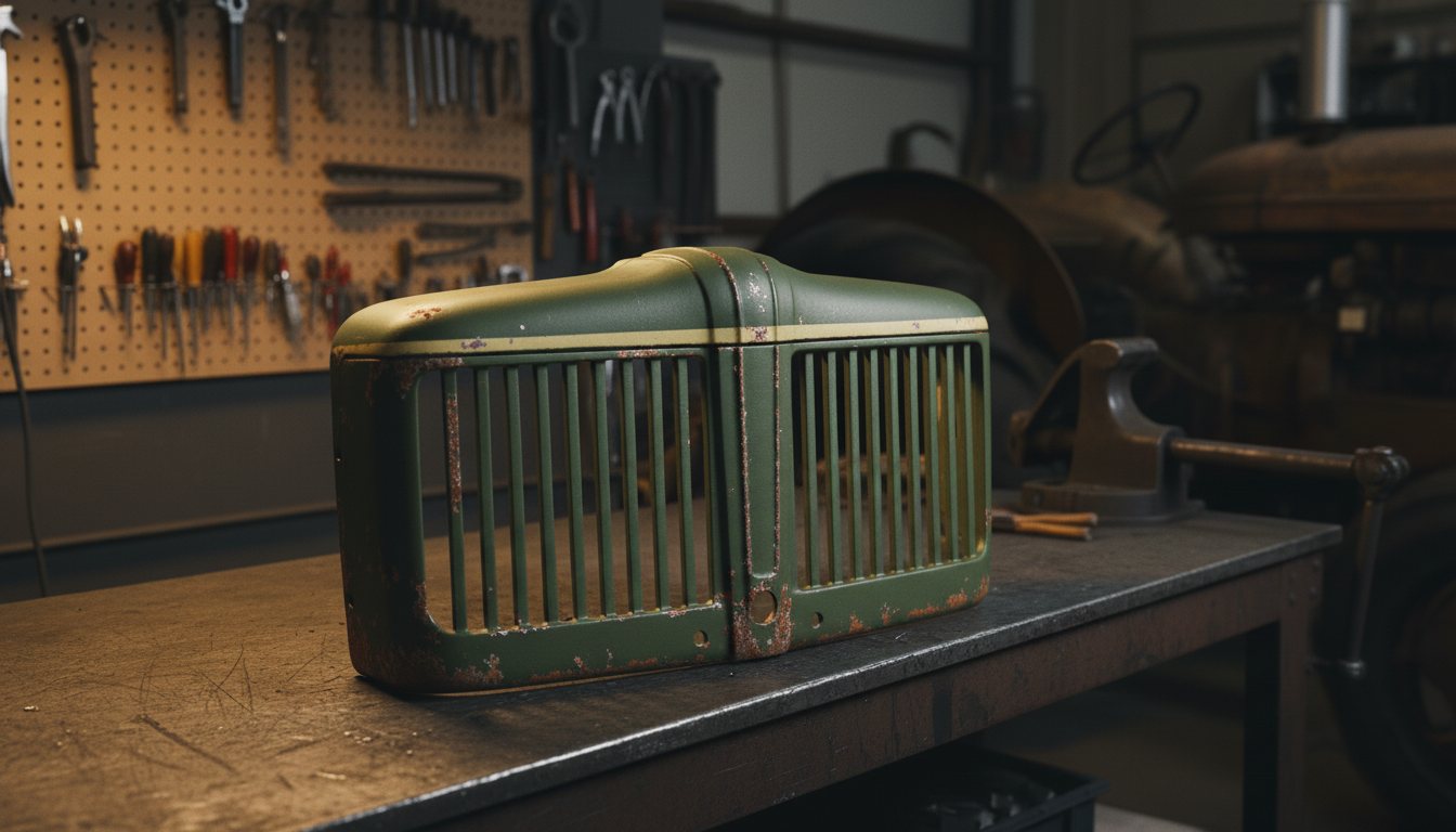 Vintage farm tractor grille with chipped green paint and light surface rust before laser cleaning